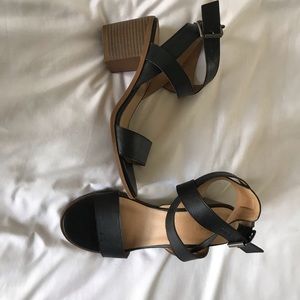 Black strappy low block heels